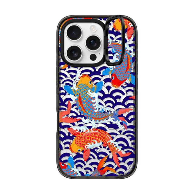 Marta Olga Klara x CASETiFY iPhone 16 Pro ケース ブラック インパクトリングスタンドケース MagSafe対応 koi fish Japanese tattoo style transparent pattern