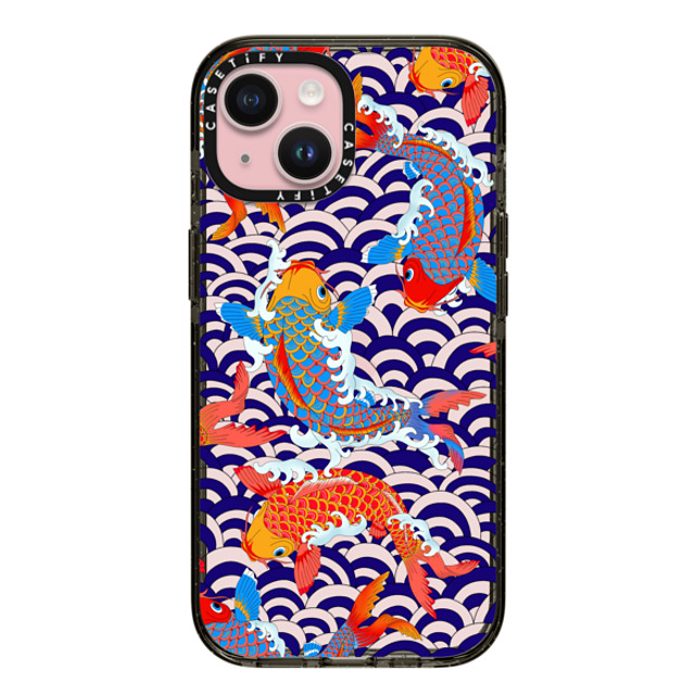 Marta Olga Klara x CASETiFY iPhone 15 ケース ブラック インパクトケース koi fish Japanese tattoo style transparent pattern