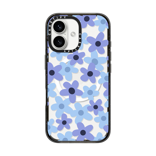 Marta Olga Klara x CASETiFY iPhone 16 ケース ブラック インパクトケース MagSafe対応 sixties retro blue floral on clear background