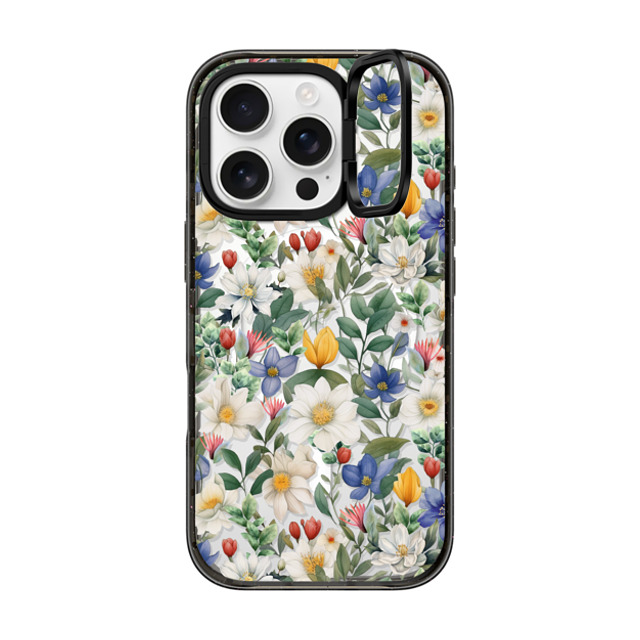 Marta Olga Klara x CASETiFY iPhone 16 Pro ケース ブラック インパクトリングスタンドケース MagSafe対応 watercolour floral pattern