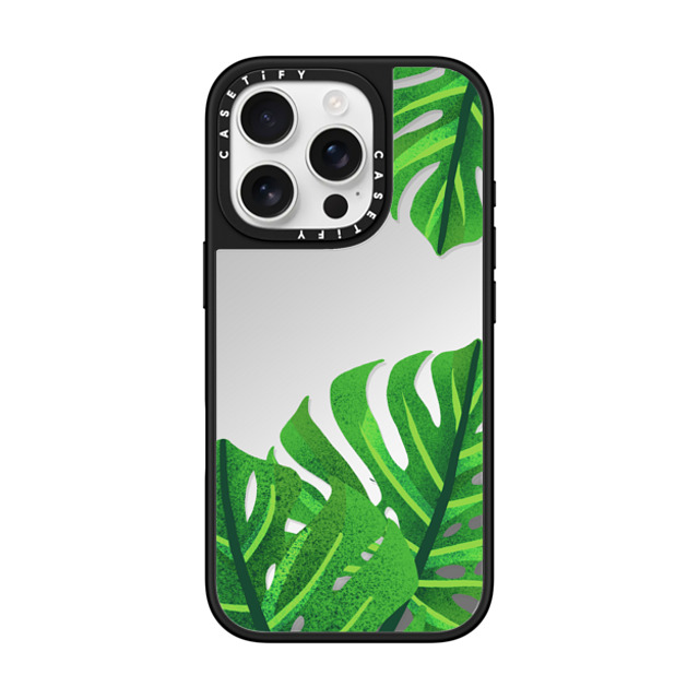 Marta Olga Klara x CASETiFY iPhone 16 Pro Case Silver on Black ミラーケース MagSafe対応 Big green monstera leaves illustration Father's Day Marta Olga Klara x CASETiFY iPhone 16 Pro Case Silver on Black ミラーケース MagSafe対応 Big green monstera leaves illustration Father's Day