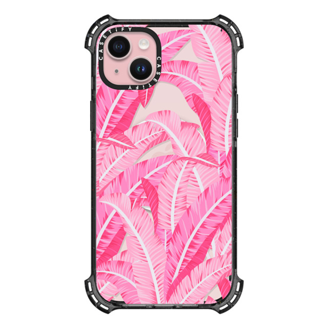 Marta Olga Klara x CASETiFY iPhone 15 Plus ケース ブラック バウンスケース Pink banana leaf pattern on clear background Father's Day Marta Olga Klara x CASETiFY iPhone 15 Plus ケース ブラック バウンスケース Pink banana leaf pattern on clear background Father's Day