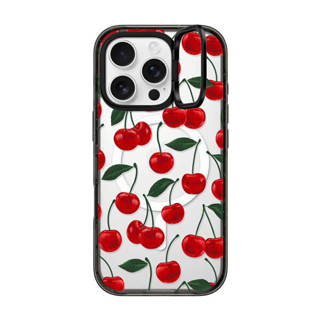 Marta Olga Klara x CASETiFY iPhone 16 Pro ケース ブラック インパクトリングスタンドケース MagSafe対応 vibrant red cherry pattern