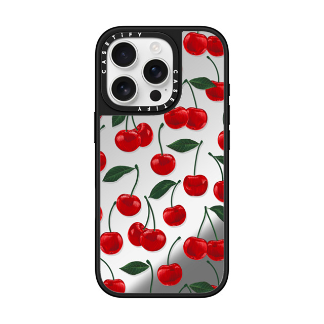 Marta Olga Klara x CASETiFY iPhone 16 Pro ケース Silver on Black ミラーケース MagSafe対応 vibrant red cherry pattern