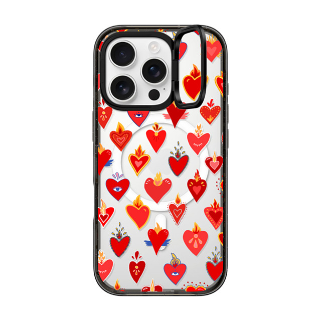 Marta Olga Klara x CASETiFY iPhone 16 Pro ケース ブラック インパクトリングスタンドケース MagSafe対応 flaming heart love pattern