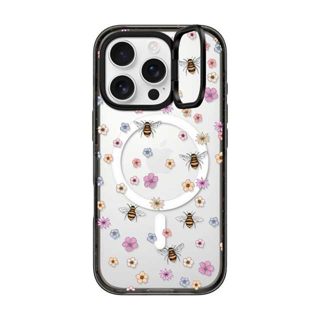 Marta Olga Klara x CASETiFY iPhone 16 Pro ケース ブラック インパクトリングスタンドケース MagSafe対応 petit floral with bees