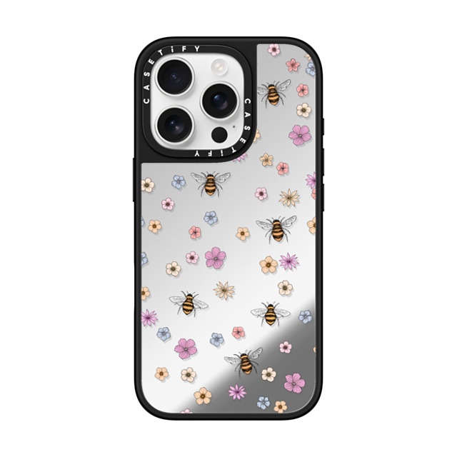 Marta Olga Klara x CASETiFY iPhone 16 Pro ケース Silver on Black ミラーケース MagSafe対応 petit floral with bees