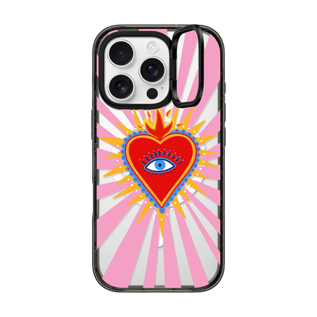 Marta Olga Klara x CASETiFY iPhone 16 Pro ケース ブラック インパクトリングスタンドケース MagSafe対応 pink flaming heart