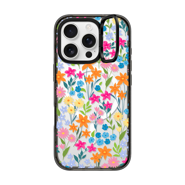 Marta Olga Klara x CASETiFY iPhone 16 Pro ケース ブラック インパクトリングスタンドケース MagSafe対応 bright spring flowers - daisy floral pattern