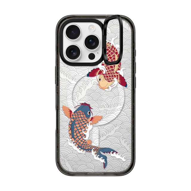 Marta Olga Klara x CASETiFY iPhone 16 Pro ケース ブラック インパクトリングスタンドケース MagSafe対応 koi fish Japanese tattoo style transparent pattern