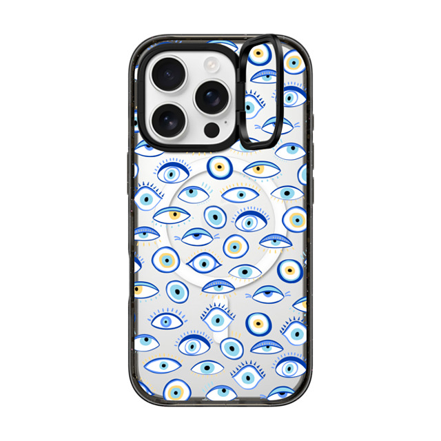 Marta Olga Klara x CASETiFY iPhone 16 Pro ケース ブラック インパクトリングスタンドケース MagSafe対応 blue all seeing eye summer holiday pattern on clear