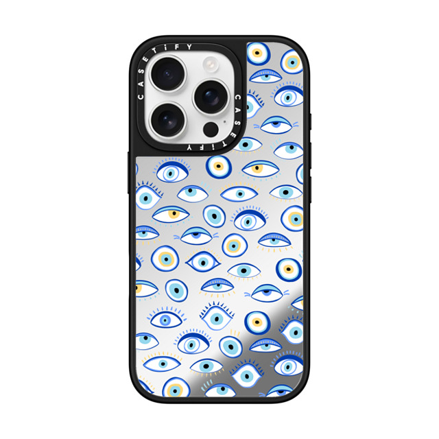 Marta Olga Klara x CASETiFY iPhone 16 Pro ケース Silver on Black ミラーケース MagSafe対応 blue all seeing eye summer holiday pattern on clear