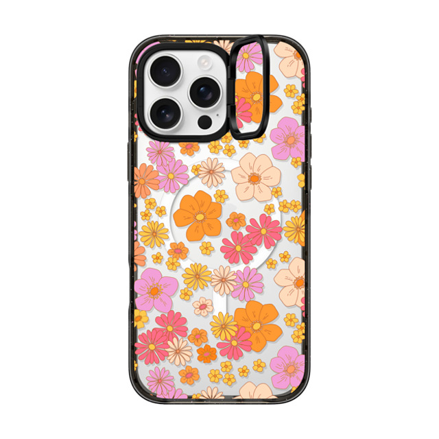 Marta Olga Klara x CASETiFY iPhone 16 Pro Max ケース ブラック インパクトリングスタンドケース MagSafe対応 retro boho hippie flowers (60s / 70s floral pattern on clear background)