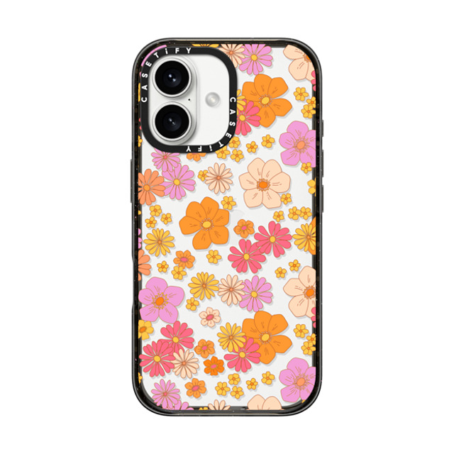 Marta Olga Klara x CASETiFY iPhone 16 ケース ブラック インパクトケース retro boho hippie flowers (60s / 70s floral pattern on clear background)