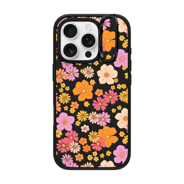 Marta Olga Klara x CASETiFY iPhone 16 Pro ケース マットブラック インパクトリングスタンドケース MagSafe対応 retro boho hippie flowers (60s / 70s floral pattern on clear background)