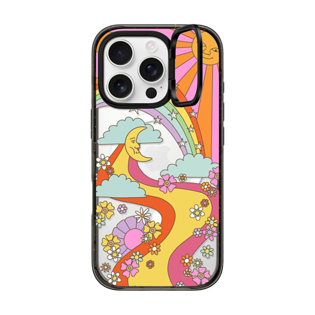 Marta Olga Klara x CASETiFY iPhone 16 Pro ケース ブラック インパクトリングスタンドケース MagSafe対応 flower power retro hippie boho sixties pattern