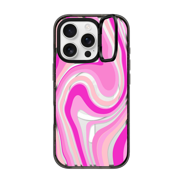 Marta Olga Klara x CASETiFY iPhone 16 Pro ケース ブラック インパクトリングスタンドケース MagSafe対応 pink swirls transparent pattern