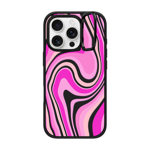 Marta Olga Klara x CASETiFY iPhone 16 Pro ケース マットブラック インパクトリングスタンドケース MagSafe対応 pink swirls transparent pattern