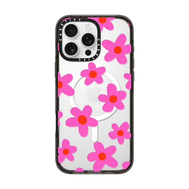 Marta Olga Klara x CASETiFY iPhone 16 Pro Max ケース ブラック インパクトケース MagSafe対応 bold retro seventies flowers in pink