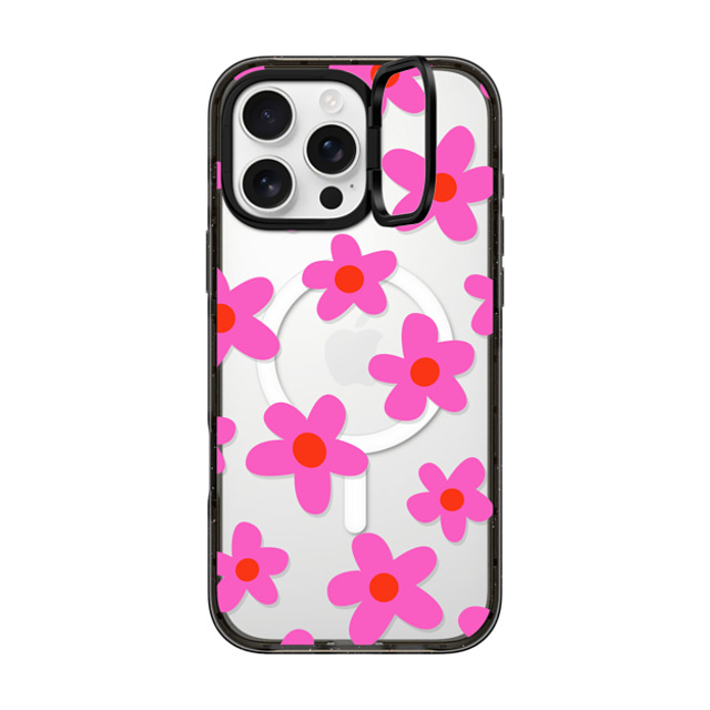 Marta Olga Klara x CASETiFY iPhone 16 Pro Max ケース ブラック インパクトリングスタンドケース MagSafe対応 bold retro seventies flowers in pink