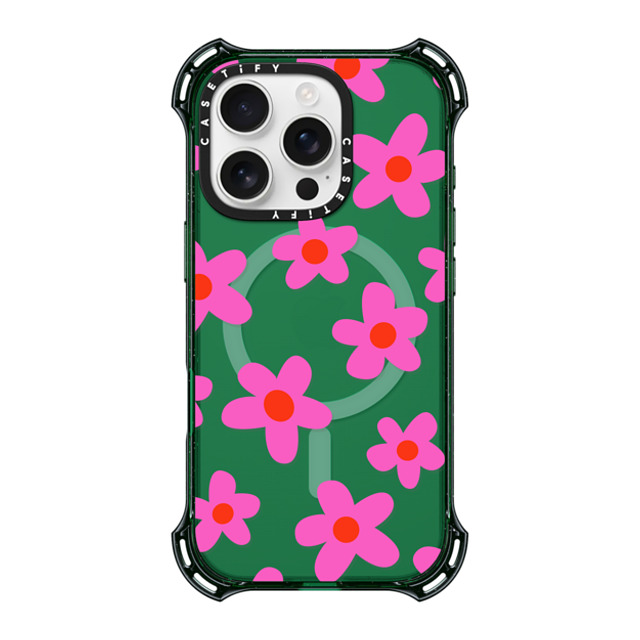 Marta Olga Klara x CASETiFY iPhone 16 Pro ケース ディープ グリーン バウンスケース bold retro seventies flowers in pink