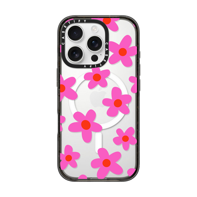 Marta Olga Klara x CASETiFY iPhone 16 Pro ケース ブラック インパクトケース MagSafe対応 bold retro seventies flowers in pink