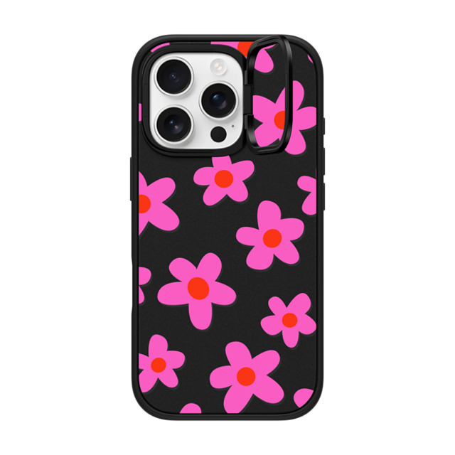 Marta Olga Klara x CASETiFY iPhone 16 Pro ケース マットブラック インパクトリングスタンドケース MagSafe対応 bold retro seventies flowers in pink