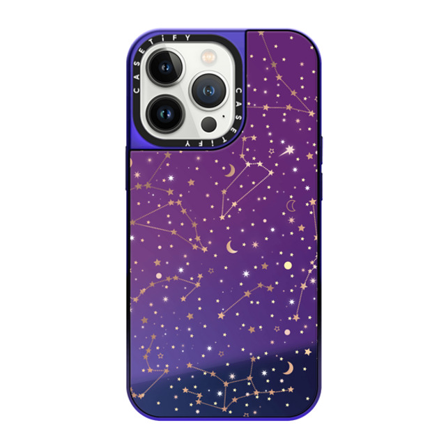 Marta Olga Klara x CASETiFY iPhone 13 Pro ケース Purple Disco on Purple ミラーケース MagSafe対応 Space pattern on clear background/ gold stars and moon universe