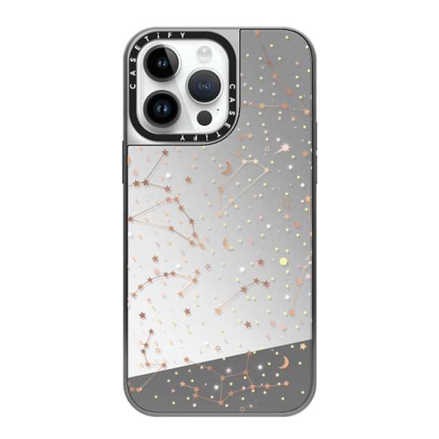 Marta Olga Klara x CASETiFY iPhone 14 Pro Max Case シルバー (シルバーバンパー) ミラーケース MagSafe対応 Space pattern on clear background/ gold stars and moon universe Marta Olga Klara x CASETiFY iPhone 14 Pro Max Case シルバー (シルバーバンパー) ミラーケース MagSafe対応 Space pattern on clear background/ gold stars and moon universe