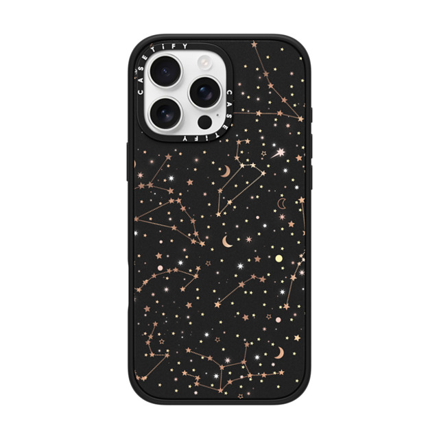 Marta Olga Klara x CASETiFY iPhone 16 Pro Max ケース マットブラック インパクトケース MagSafe対応 Space pattern on clear background/ gold stars and moon universe