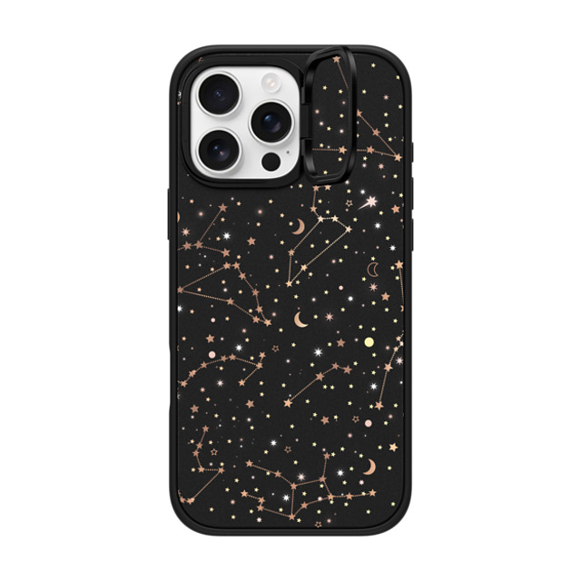 Marta Olga Klara x CASETiFY iPhone 16 Pro Max ケース マットブラック インパクトリングスタンドケース MagSafe対応 Space pattern on clear background/ gold stars and moon universe