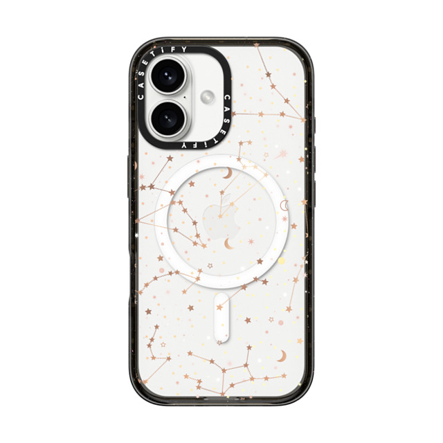 Marta Olga Klara x CASETiFY iPhone 16 ケース ブラック インパクトケース MagSafe対応 Space pattern on clear background/ gold stars and moon universe