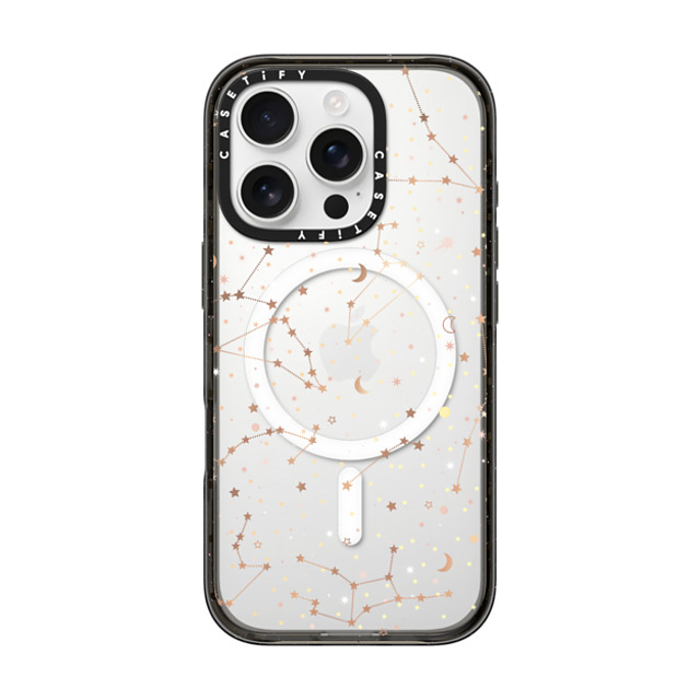 Marta Olga Klara x CASETiFY iPhone 16 Pro ケース ブラック インパクトケース MagSafe対応 Space pattern on clear background/ gold stars and moon universe