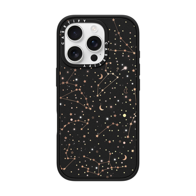 Marta Olga Klara x CASETiFY iPhone 16 Pro ケース マットブラック インパクトケース MagSafe対応 Space pattern on clear background/ gold stars and moon universe