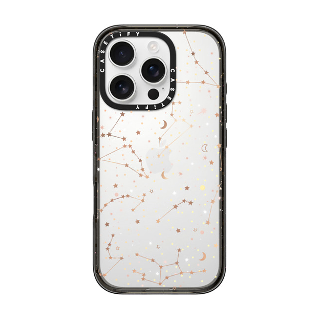 Marta Olga Klara x CASETiFY iPhone 16 Pro ケース ブラック インパクトケース Space pattern on clear background/ gold stars and moon universe