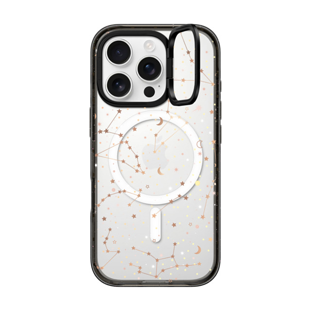 Marta Olga Klara x CASETiFY iPhone 16 Pro ケース ブラック インパクトリングスタンドケース MagSafe対応 Space pattern on clear background/ gold stars and moon universe