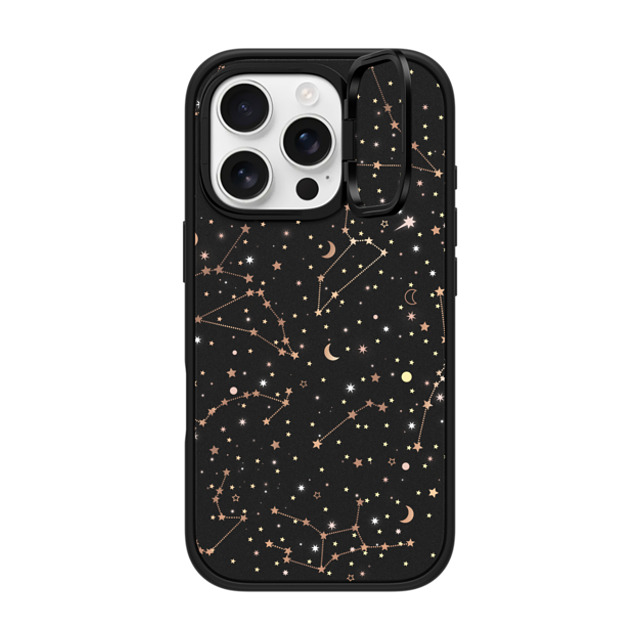 Marta Olga Klara x CASETiFY iPhone 16 Pro ケース マットブラック インパクトリングスタンドケース MagSafe対応 Space pattern on clear background/ gold stars and moon universe