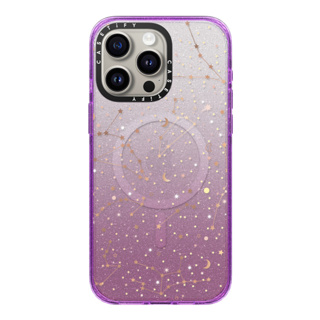 Marta Olga Klara x CASETiFY iPhone 15 Pro Max ケース Glitter Purple インパクトケース MagSafe対応 Space pattern on clear background/ gold stars and moon universe