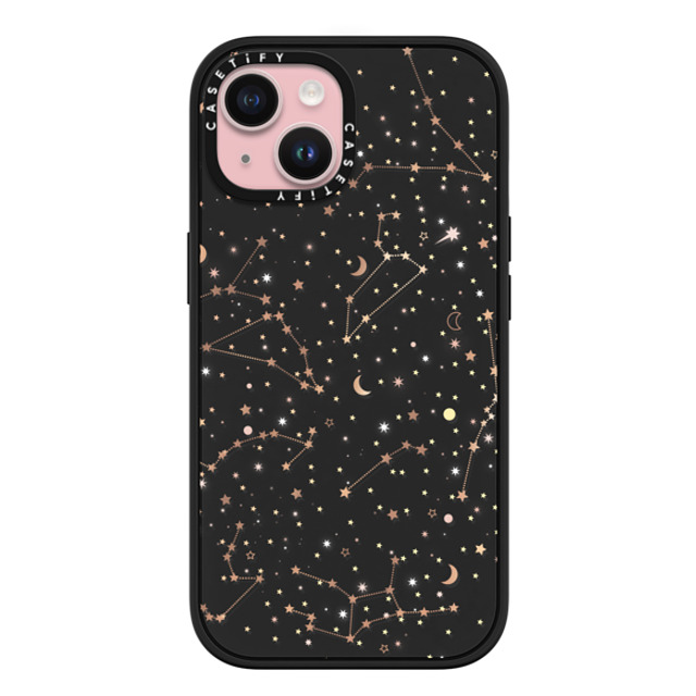 Marta Olga Klara x CASETiFY iPhone 15 ケース マットブラック インパクトケース MagSafe対応 Space pattern on clear background/ gold stars and moon universe