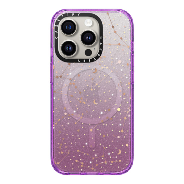 Marta Olga Klara x CASETiFY iPhone 15 Pro ケース Glitter Purple インパクトケース MagSafe対応 Space pattern on clear background/ gold stars and moon universe