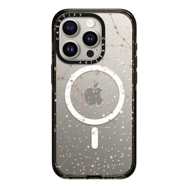 Marta Olga Klara x CASETiFY iPhone 15 Pro ケース ブラック インパクトケース MagSafe対応 Space pattern on clear background/ gold stars and moon universe