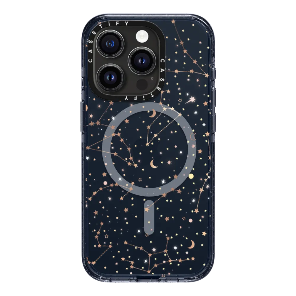 Impact iPhone 15 Pro Case MagSafe Compatible - Space pattern on clear background/ gold stars and moon universe