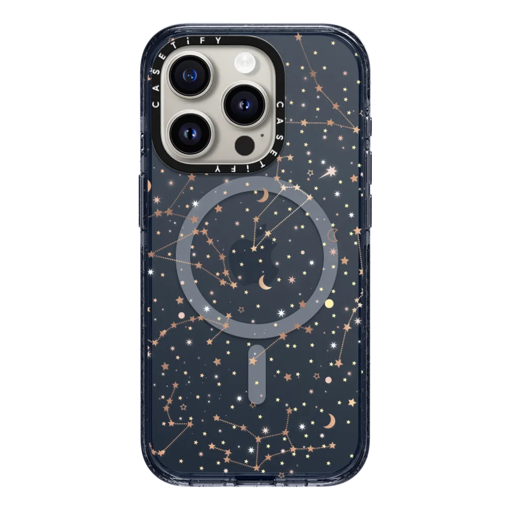 Impact iPhone 15 Pro Case MagSafe Compatible - Space pattern on clear background/ gold stars and moon universe