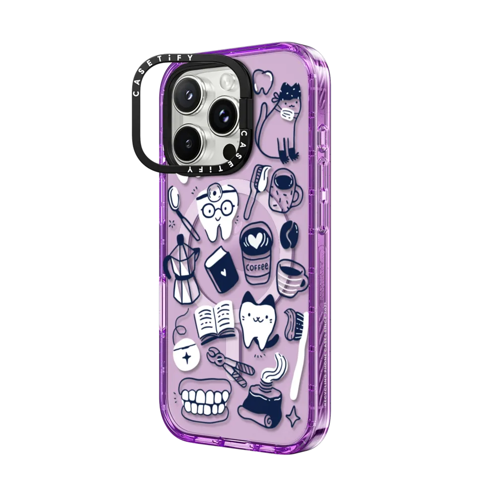Impact Ring Stand iPhone 16 Pro Max Case MagSafe Compatible - Coffee, cats, books, tooth and dentist tools.
