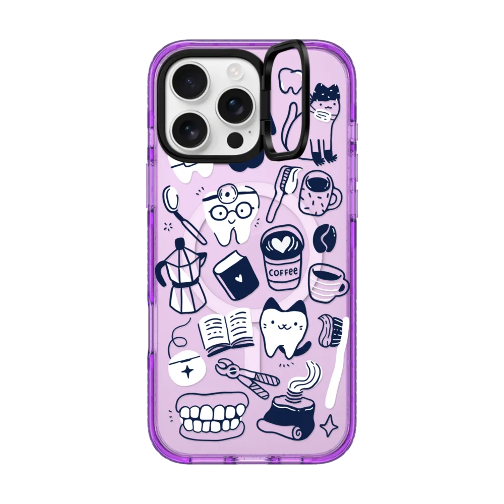 Impact Ring Stand iPhone 16 Pro Max Case MagSafe Compatible - Coffee, cats, books, tooth and dentist tools.