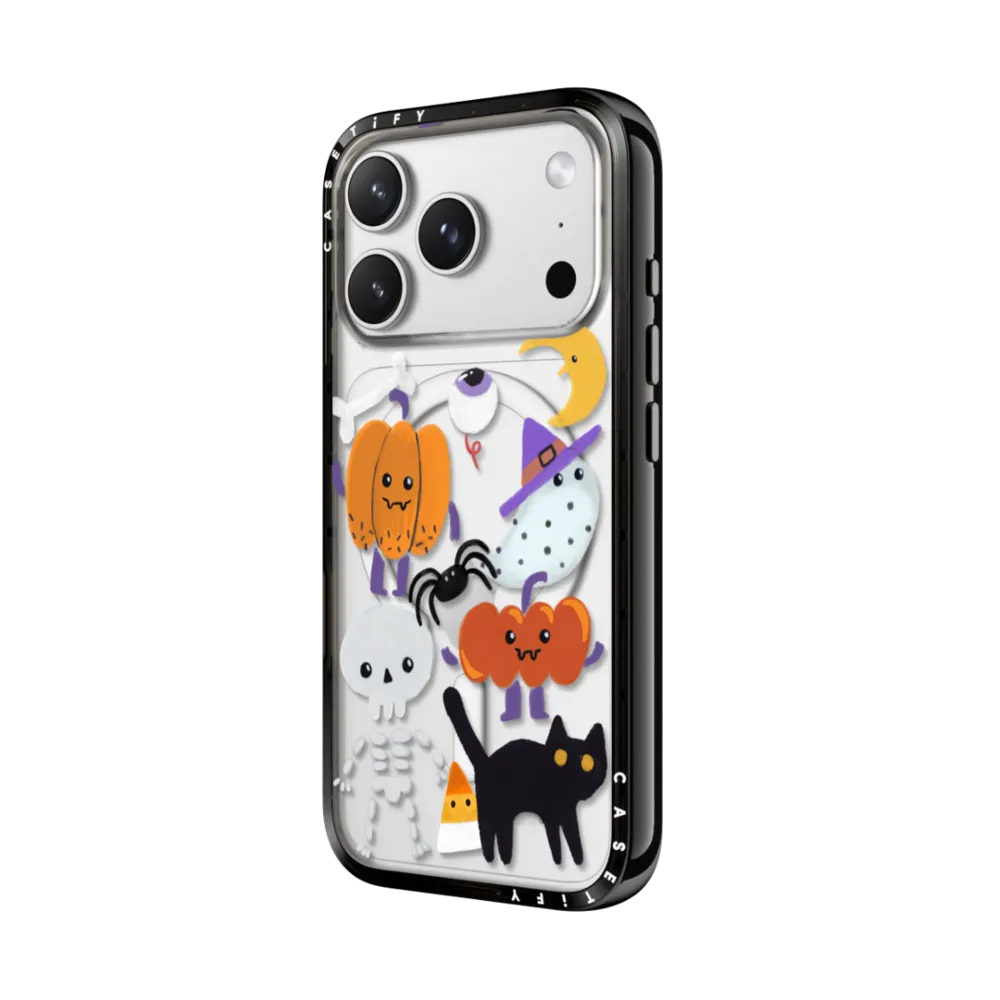 Compact iPhone 17 Pro Max Case MagSafe Compatible - Spooky Halloween friends. Cat, pumpkin, spider, ghost and skeleton