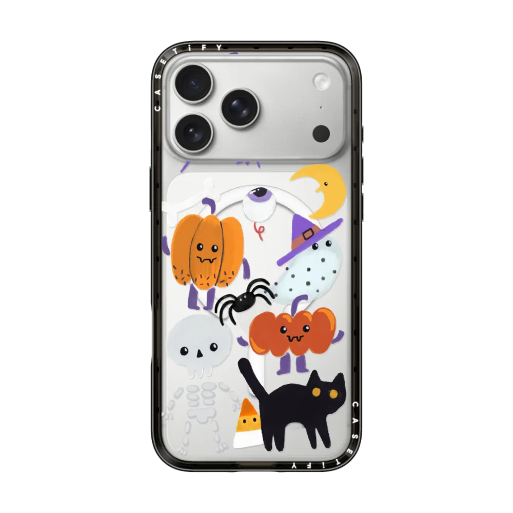 Compact iPhone 17 Pro Max Case MagSafe Compatible - Spooky Halloween friends. Cat, pumpkin, spider, ghost and skeleton