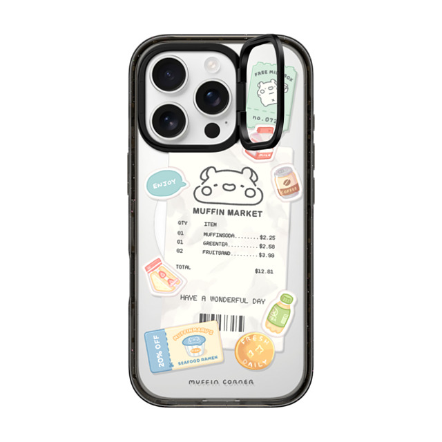 Muffin Corner x CASETiFY iPhone 16 Pro ケース ブラック インパクトリングスタンドケース MagSafe対応 Muffinmaru's Konbini by Muffin Corner