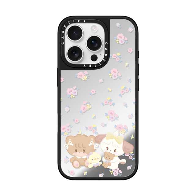 mikko illustrations x CASETiFY iPhone 16 Pro ケース Silver on Black ミラーケース MagSafe対応 latte & souffle flower