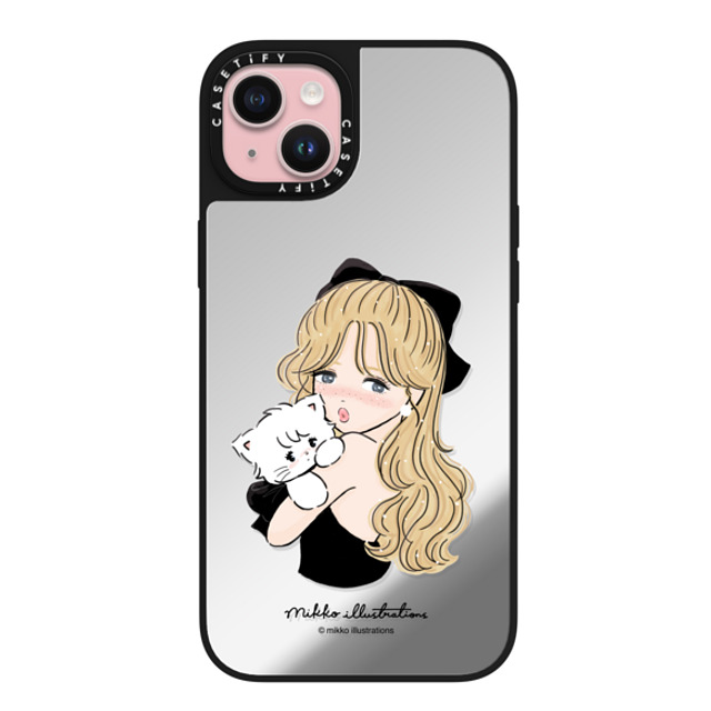 mikko illustrations x CASETiFY iPhone 15 Plus ケース Silver on Black ミラーケース MagSafe対応 girl & mousse (black)